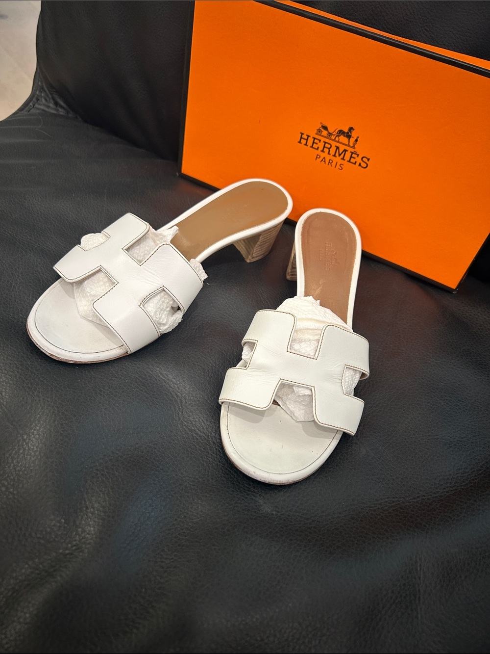 Hermes White Oran Leather Slide Sandals
